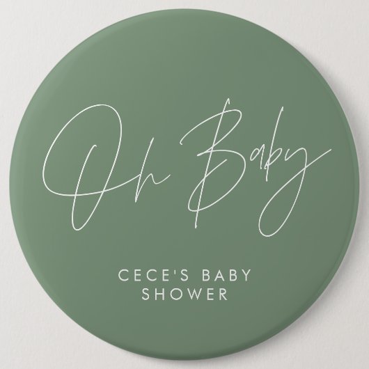Baby shower script modern minimal sage groen ronde button 6,0 cm (Voorkant)