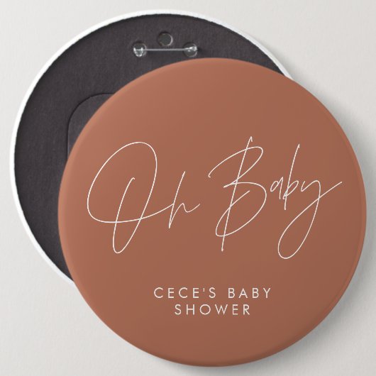 Baby shower script modern minimal terracotta ronde button 6,0 cm (Voorkant /achterkant)