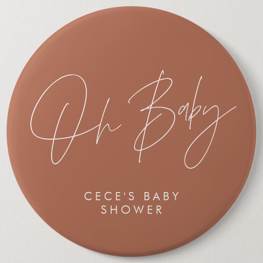 Baby shower script modern minimal terracotta ronde button 6,0 cm (Voorkant)