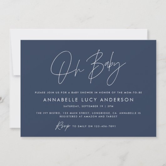 Baby shower Script Modern Navy Blue Boho Kaart (Voorkant)