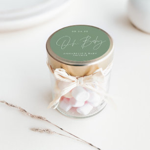 Baby shower script modern salie groen elegant  ronde sticker