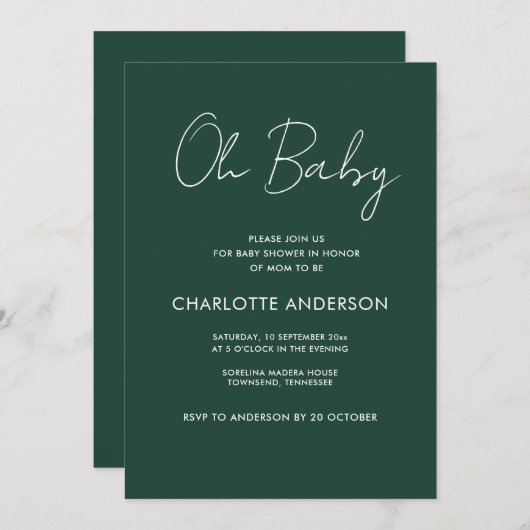 Baby shower script modern smaragdgroen elegant kaart (Voorkant / Achterkant)