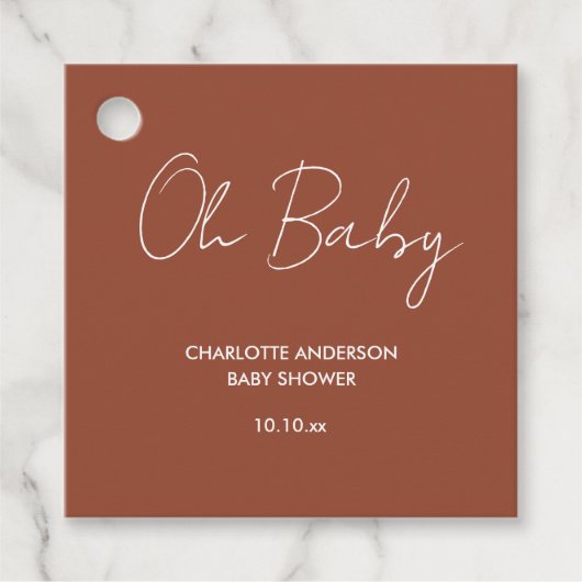 Baby shower script modern terracotta bruin elegant bedankjes labels (Voorkant)