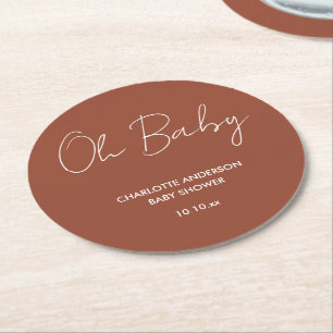 Baby shower script modern terracotta bruin elegant ronde kartonnen onderzetter