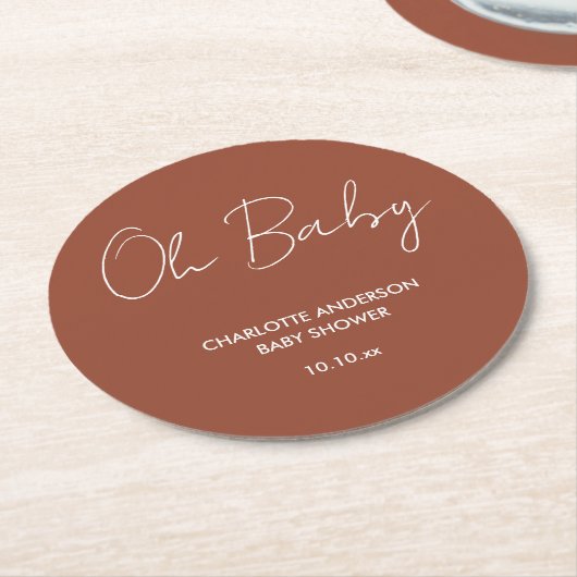 Baby shower script modern terracotta bruin elegant ronde kartonnen onderzetter (Gebogen)