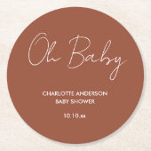 Baby shower script modern terracotta bruin elegant ronde kartonnen onderzetter (Voorkant)