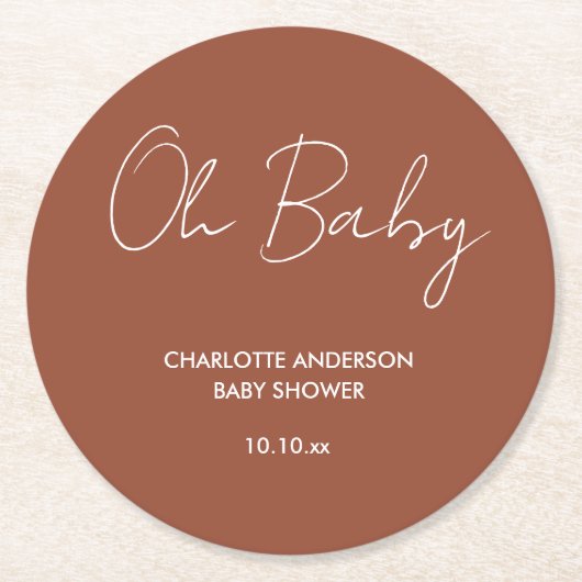 Baby shower script modern terracotta bruin elegant ronde kartonnen onderzetter (Voorkant)