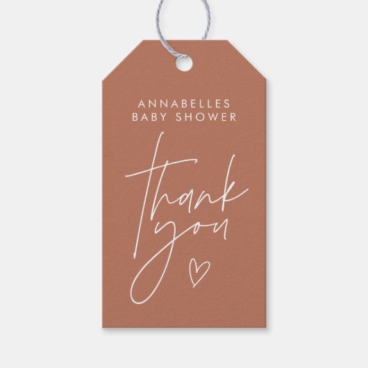 Baby shower script modern terracotta elegant cadeaulabel (Voorkant)