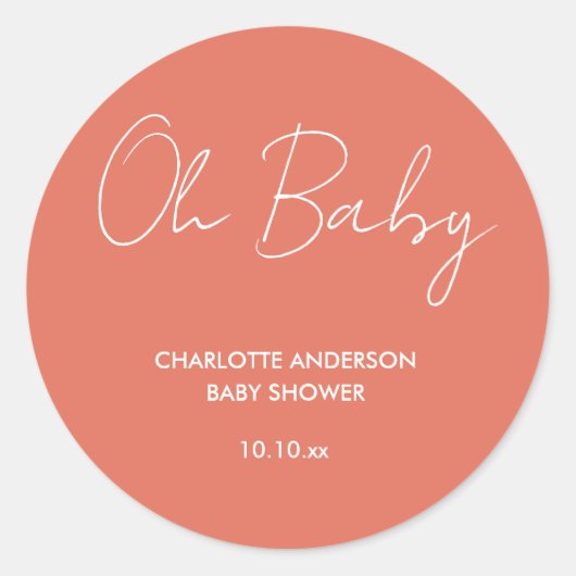Baby shower script modern terracotta elegant ronde sticker (Voorkant)