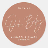 Baby shower script modern terracotta elegant ronde sticker (Voorkant)