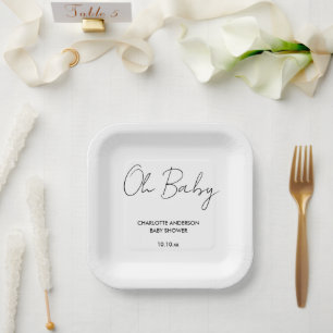 Baby shower script modern wit en zwart elegant papieren bordje