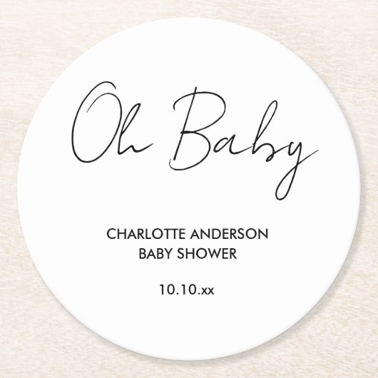 Baby shower script modern wit en zwart elegant ronde kartonnen onderzetter (Voorkant)