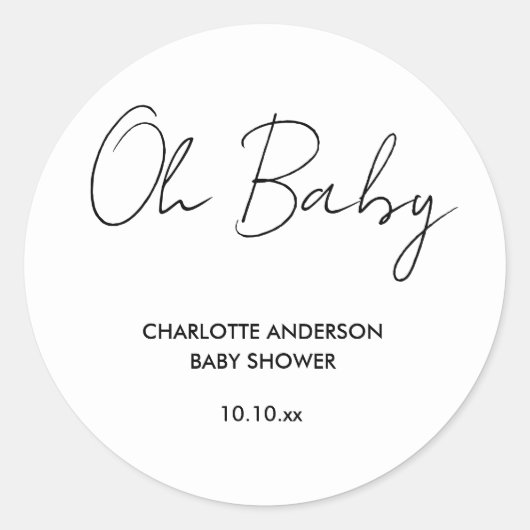 Baby shower script modern wit en zwart elegant ronde sticker (Voorkant)