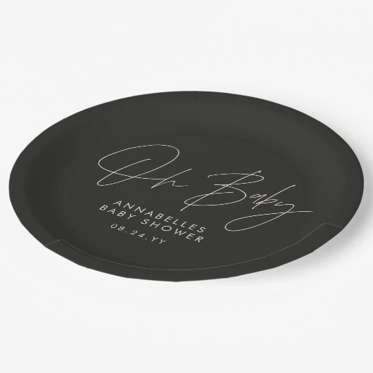 Baby shower script modern zwart-wit elegant papieren bordje (Gekanteld)