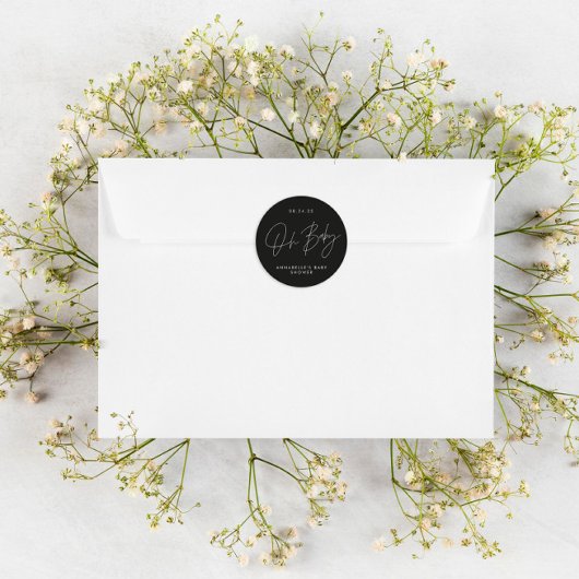 Baby shower script modern zwart-wit elegant ronde sticker