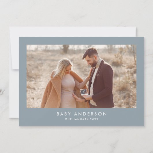 Baby shower script moderne dusty blue boho foto kaart (Achterkant)