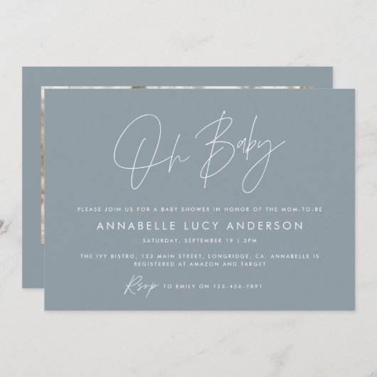 Baby shower script moderne dusty blue boho foto kaart (Voorkant / Achterkant)