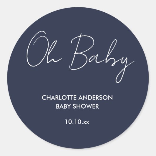 Baby shower script moderne marineblauw elegant ronde sticker (Voorkant)