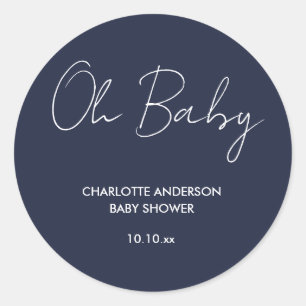 Baby shower script moderne marineblauw elegant ronde sticker