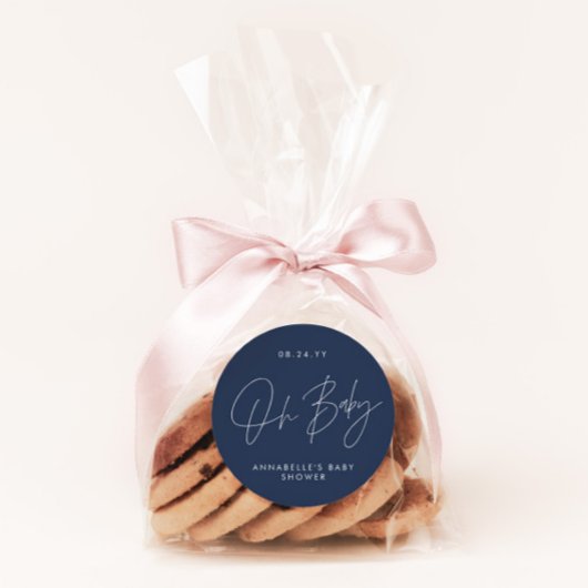 Baby shower script moderne marineblauw elegant ronde sticker