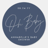 Baby shower script moderne marineblauw elegant ronde sticker (Voorkant)
