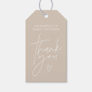 Baby shower script moderne natuurlijke beige elega cadeaulabel