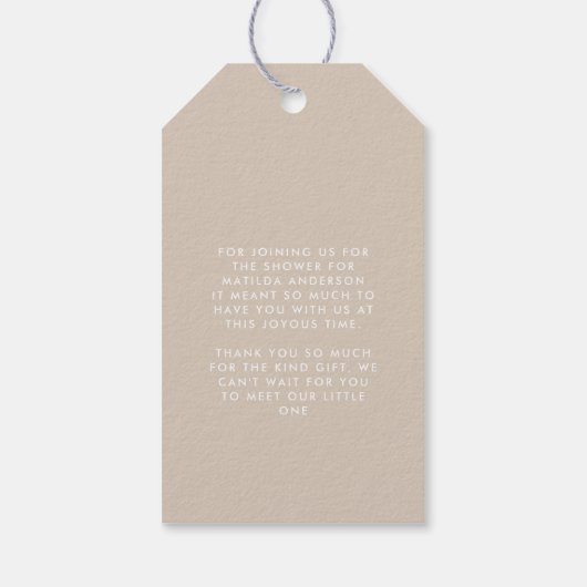Baby shower script moderne natuurlijke beige elega cadeaulabel (Achterkant)