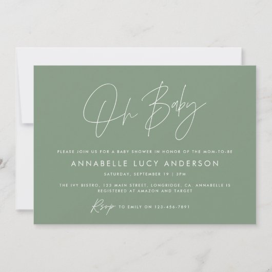 Baby shower script moderne sage green boho foto kaart (Voorkant)