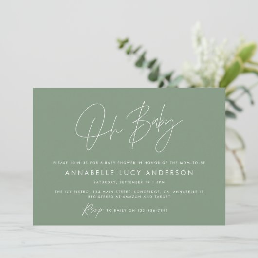 Baby shower script moderne sage green boho foto kaart (Staand voorkant)