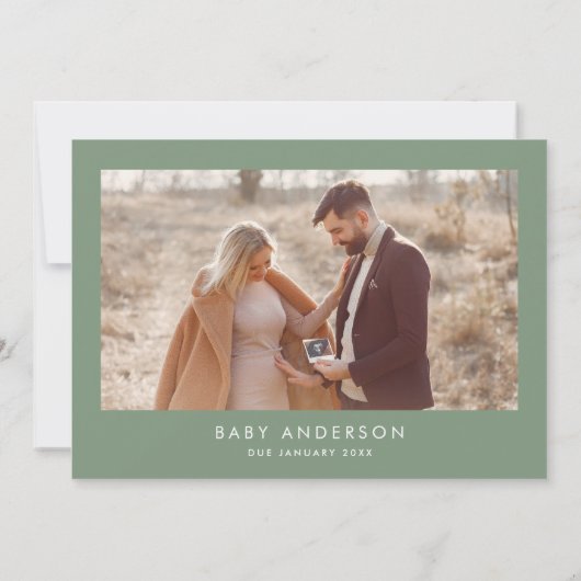 Baby shower script moderne sage green boho foto kaart (Achterkant)