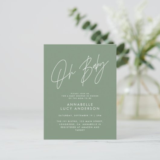 Baby shower script moderne sage green elegant briefkaart (Staand voorkant)
