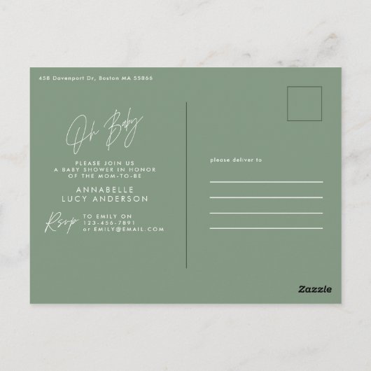 Baby shower script moderne sage green elegant briefkaart (Achterkant)