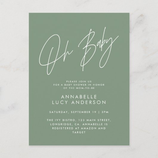 Baby shower script moderne sage green elegant briefkaart (Voorkant)