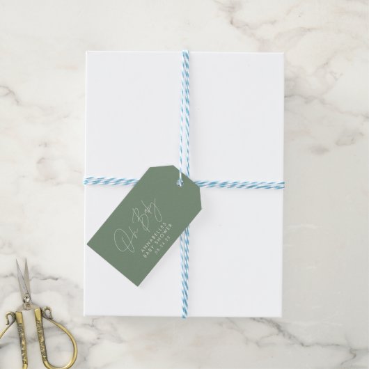 Baby shower script moderne sage green elegant cadeaulabel (Met Touw)