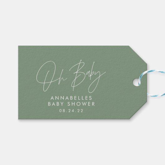 Baby shower script moderne sage green elegant cadeaulabel (Voorkant (Horizontaal))