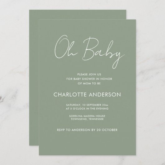 Baby shower script moderne sage green elegant kaart (Voorkant / Achterkant)