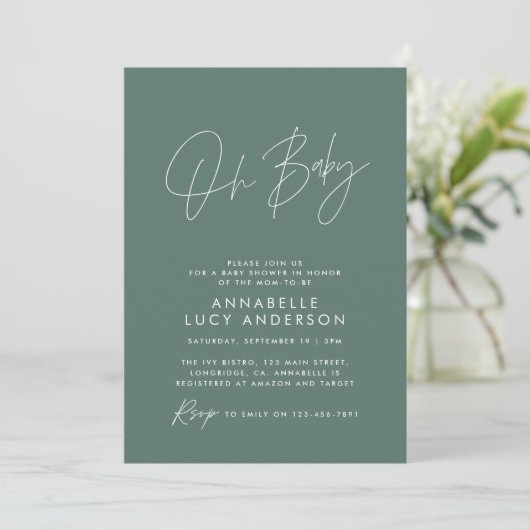 Baby shower script moderne sage green elegant kaart (Staand voorkant)