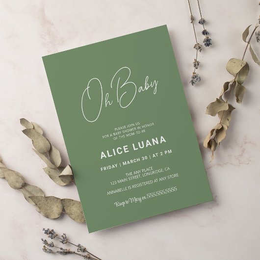 Baby shower script moderne sage green elegant kaart