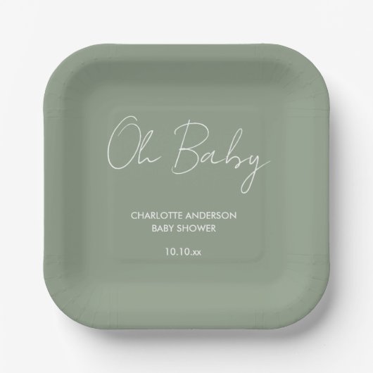 Baby shower script moderne sage green elegant papieren bordje (Voorkant)