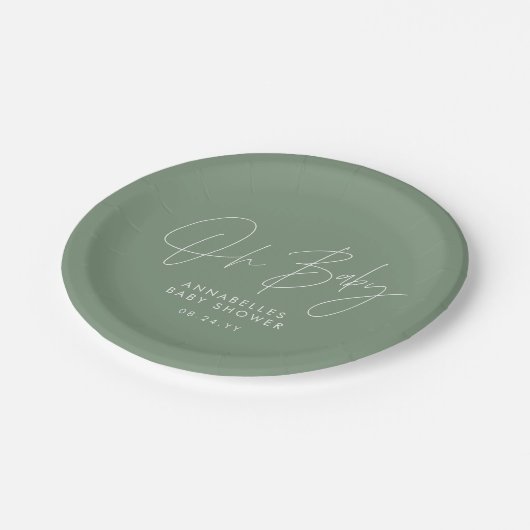 Baby shower script moderne sage green elegant papieren bordje (Gekanteld)