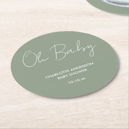 Baby shower script moderne sage green elegant ronde kartonnen onderzetter