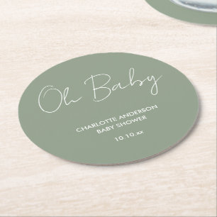 Baby shower script moderne sage green elegant ronde kartonnen onderzetter