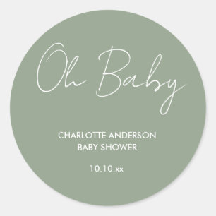 Baby shower script moderne sage green elegant ronde sticker