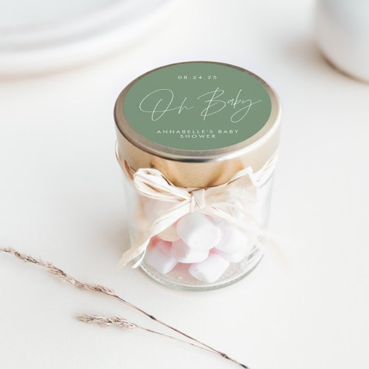 Baby shower script moderne sage green elegant ronde sticker