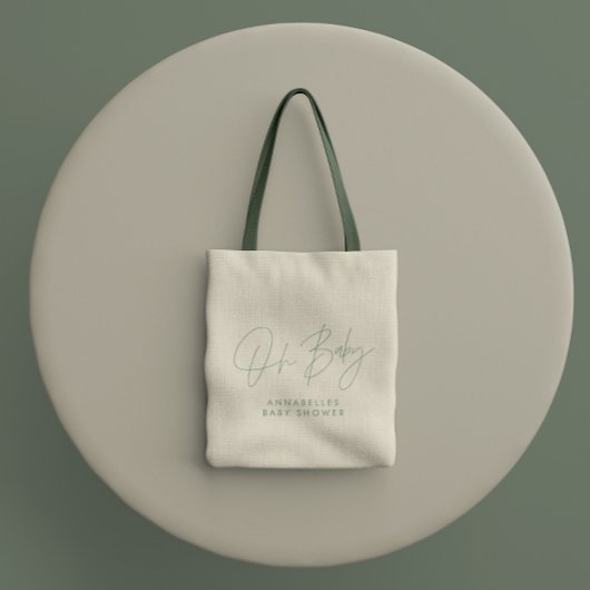 Baby shower script moderne sage green elegant tote bag