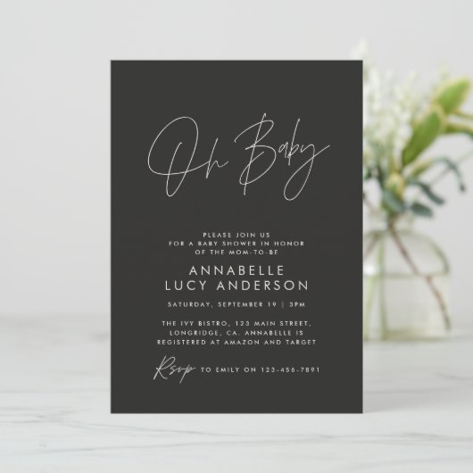 Baby shower script moderne zwarte elegante foto kaart (Staand voorkant)