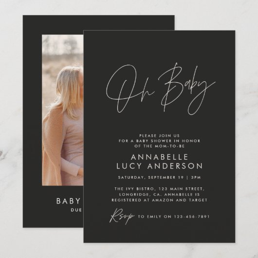 Baby shower script moderne zwarte elegante foto kaart (Voorkant / Achterkant)