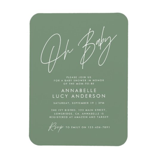 Baby shower scriptpagina groene elegante uitnodigi magneet (Verticaal)