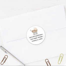 Baby shower Sepia  Speelgoed Buggy Adres Ronde Sticker