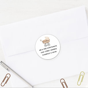 Baby shower Sepia  Speelgoed Buggy Adres Ronde Sticker